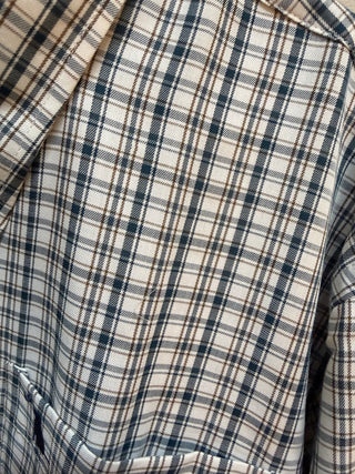 Local Boy Outfitters McNally dress shirt in cream plaid with navy and brown lines