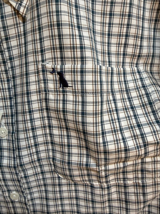 Local Boy Outfitters McNally plaid dress shirt in cream, navy, and tan with chest pocket