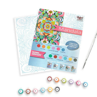 Meditation mandala paint by number kit with 12 chakra-themed acrylic paints and numbered canvas template