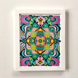 Framed finished mandala painting with vibrant fuchsia teal and lime green acrylic colors on 8x10 recycled chipboard