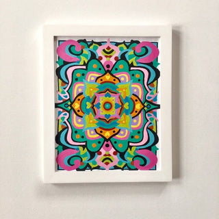 Framed finished mandala painting with vibrant fuchsia teal and lime green acrylic colors on 8x10 recycled chipboard
