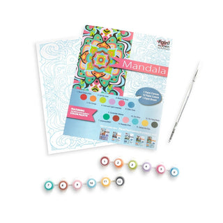 Meditation mandala paint by number kit with 12 chakra-themed acrylic paints and numbered canvas template