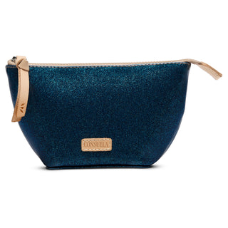 Consuela Medium Tool Kit cosmetic pouch in Bae blue glitter with natural leather zipper pull