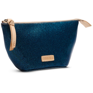 Consuela Medium Tool Kit in Bae, metallic blue glitter cosmetic pouch with tan leather zipper pull