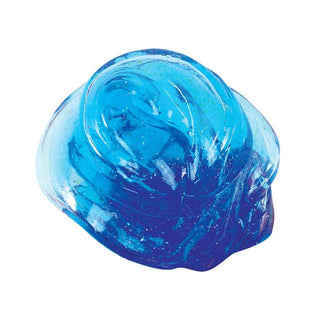 Close-up of Crazy Aaron Mega Falling Water translucent blue slime with white green glitter swirls on white background
