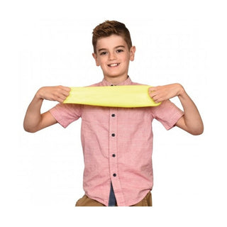 yellow rectangular stress ball held horizontally by child demonstrating pliability