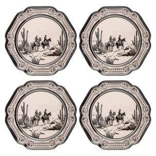 Set of four octagonal melamine salad plates featuring Gothic Cowboy western desert scene with horses and cacti