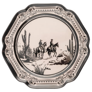 Karma Gothic Cowboy melamine salad plate with black western desert scene on cream background