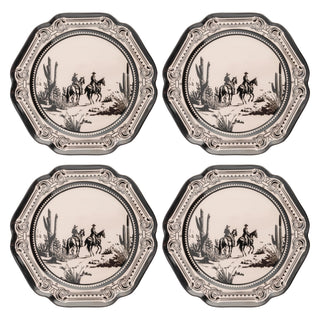 Set of four octagonal melamine salad plates featuring Gothic Cowboy western desert scene with cacti