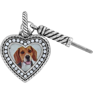 Brighton silver heart-shaped photo charm with crystal border showing beagle dog image