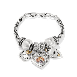 Braided silver bracelet with beagle photo locket Family always charms and crystal spacers