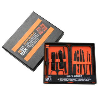 Mad Man Color Pop Grooming Kit in box with orange lining and 10-piece black anodized steel set