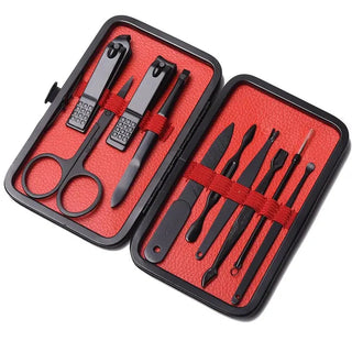 Mad Man men's grooming kit open with red textured interior and matte black stainless steel tools