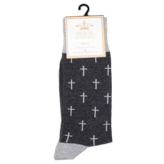 The Royal Standard men's charcoal gray combed cotton socks with white cross pattern on retail hanger