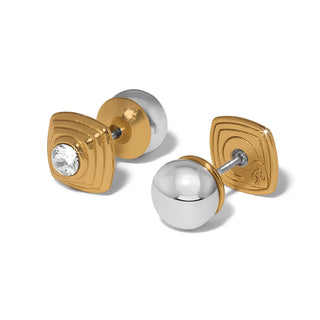 Brighton Meridian Etage II square gold post earrings with crystal center and silver ball backs