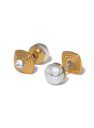 Brighton Meridian Etage II square gold post earrings with crystal center and silver ball backs