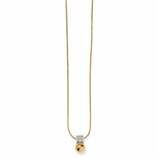 Brighton Meridian Petite Necklace with gold snake chain, crystal pavé cube and gold ball pendant