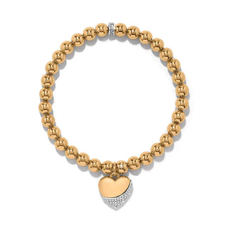 Gold beaded stretch bracelet with crystal-accented heart charm and rondelle bead