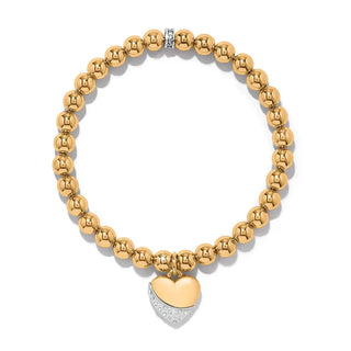 Gold beaded stretch bracelet with two-tone heart charm and crystal accents