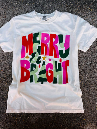 White Comfort Colors tee with colorful Merry & Bright holiday graphic print