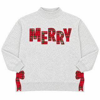 Gray mock-neck sweatshirt with plaid MERRY lettering and red tartan bow side details