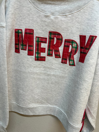 Royce Apparel heather gray cropped sweatshirt with red plaid MERRY appliqué lettering