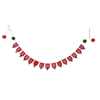 Glory Haus Merry Christmas felt banner garland with glitter letters and green pom-poms