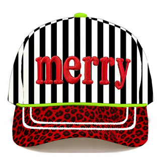 Baseball cap with black and white stripes, red embroidered 'merry' text, and red leopard print brim
