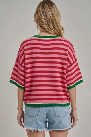 BON pink and red striped knit sweater top with green trim detailing