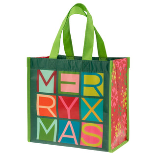 Karma Merry Xmas green tote gift bag with colorful block letters and snowflake side panels