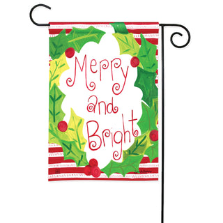 Studio M Merry and Bright garden flag with holly wreath and red striped background on decorative metal stand