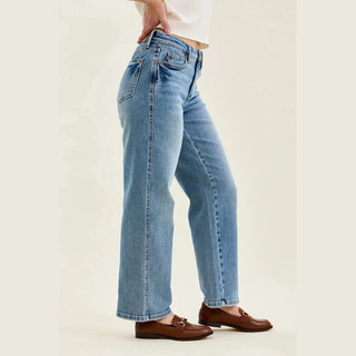 Petite medium wash straight leg jeans with vintage fade and tummy control panel