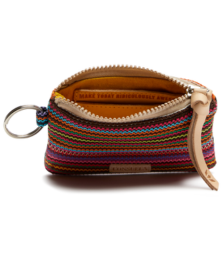 Open Consuela Mighty Pouch in Bae showing multicolor serape stripes and orange interior lining