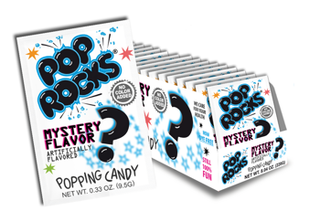Pop Rocks Mystery Flavor popping candy, white packaging with question mark, 12-count display box