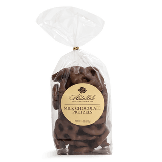 Abdallah milk chocolate covered pretzels in a clear 6oz bag with gold label