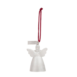 Demdaco mini silver angel bell ornament with red hanging cord and small tag