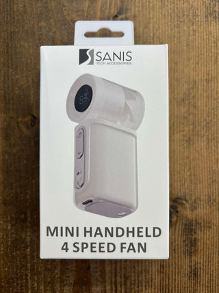 Sanis Tech Accessories Mini Handheld 4 Speed Fan packaging box in white colorway.