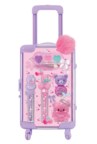 Hot Focus Mini Luggage Beauty Set in Cherry with pink and purple trolley case containing lip oils, nail polish, lip balm, ...