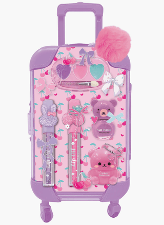 Hot Focus Mini Luggage Beauty set in Cherry print with lip oils, nail polish, and lip balm