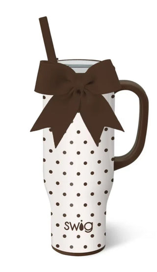 Swig 40oz white tumbler with brown polka dots, handle, straw, and bow
