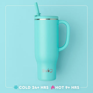 Swig 40oz seafoam teal insulated mega mug with handle, lid, and straw