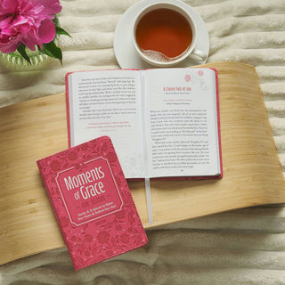Moments of Grace for Sisters open book with story text displayed alongside matching faux leather journal
