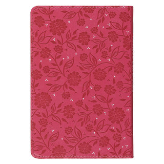 Back cover of pink faux leather sister gift book featuring embossed floral vine pattern and stitching