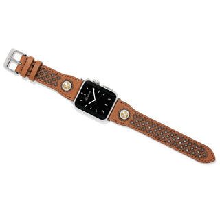 Brown Mosaic leather watch band with laser-etched geometric squares and circles, two-tone gold and silver hardware on Apple Watch