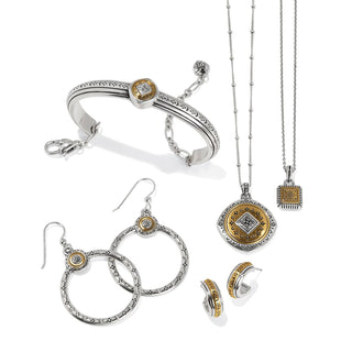 Brighton Mosaic Two Tone French Wire Hoop Earrings in silver and gold finish shown in jewelry collection.