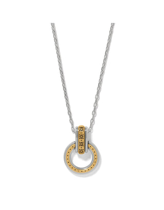 Brighton Mosaic Two Tone Link Ring Necklace with silver chain and gold floral-etched circular pendant