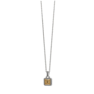 Brighton silver-gold mini tile necklace with vertical groove border and four-petal flower design