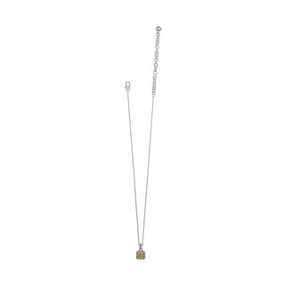 Side view of adjustable Brighton two-tone tile necklace showing gold etched flower detail
