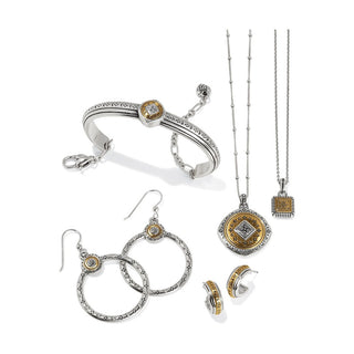 Brighton jewelry set featuring two-tone tile necklace, bangle, hoop earrings, and studs