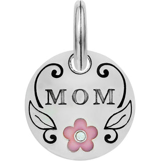 Brighton silver circular charm with MOM text and pink flower accent